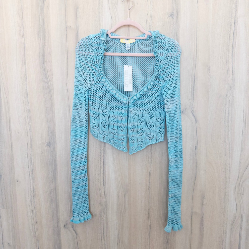Urban Outfitters Crochet Open Knit Cardigan S Blue Ruffle Shrug Crop Y2K Fairy